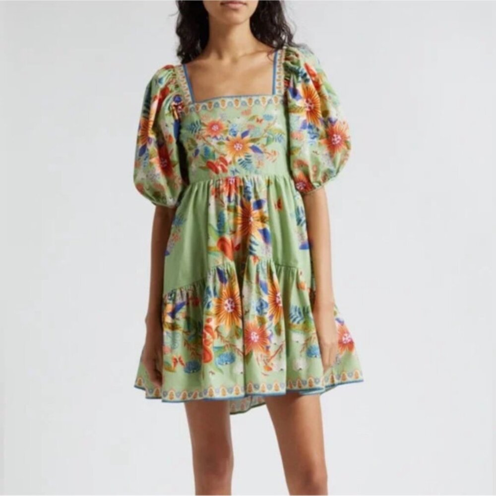 NWT FARM Rio Bright Yard Ruffle Hem Puff Sleeve Minidress
